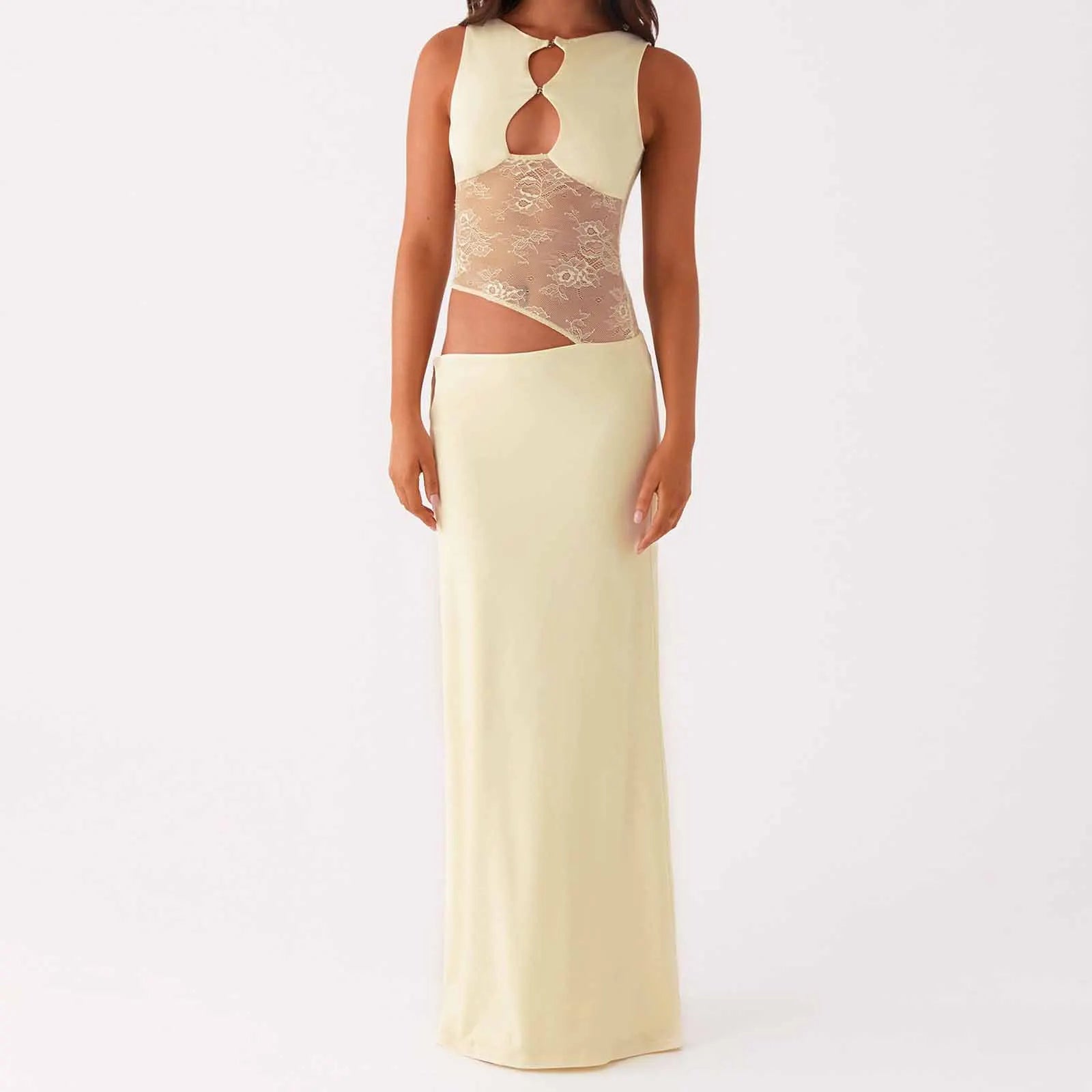 BXOXO Sexy Women Long Dress Lace Patchwork Hollow-Out Sleeveless Dress Summer Casual Fashion Bodycon Dress Party Night