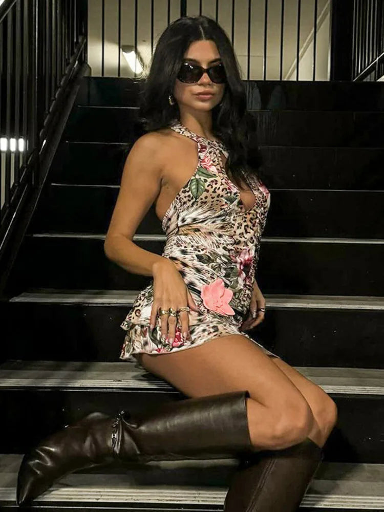 BXOXO  Hollow Out Halter Print Mini Dress For Women Robe Fashion Sleeveless Backless High Waist Ruffled Club Party Dress