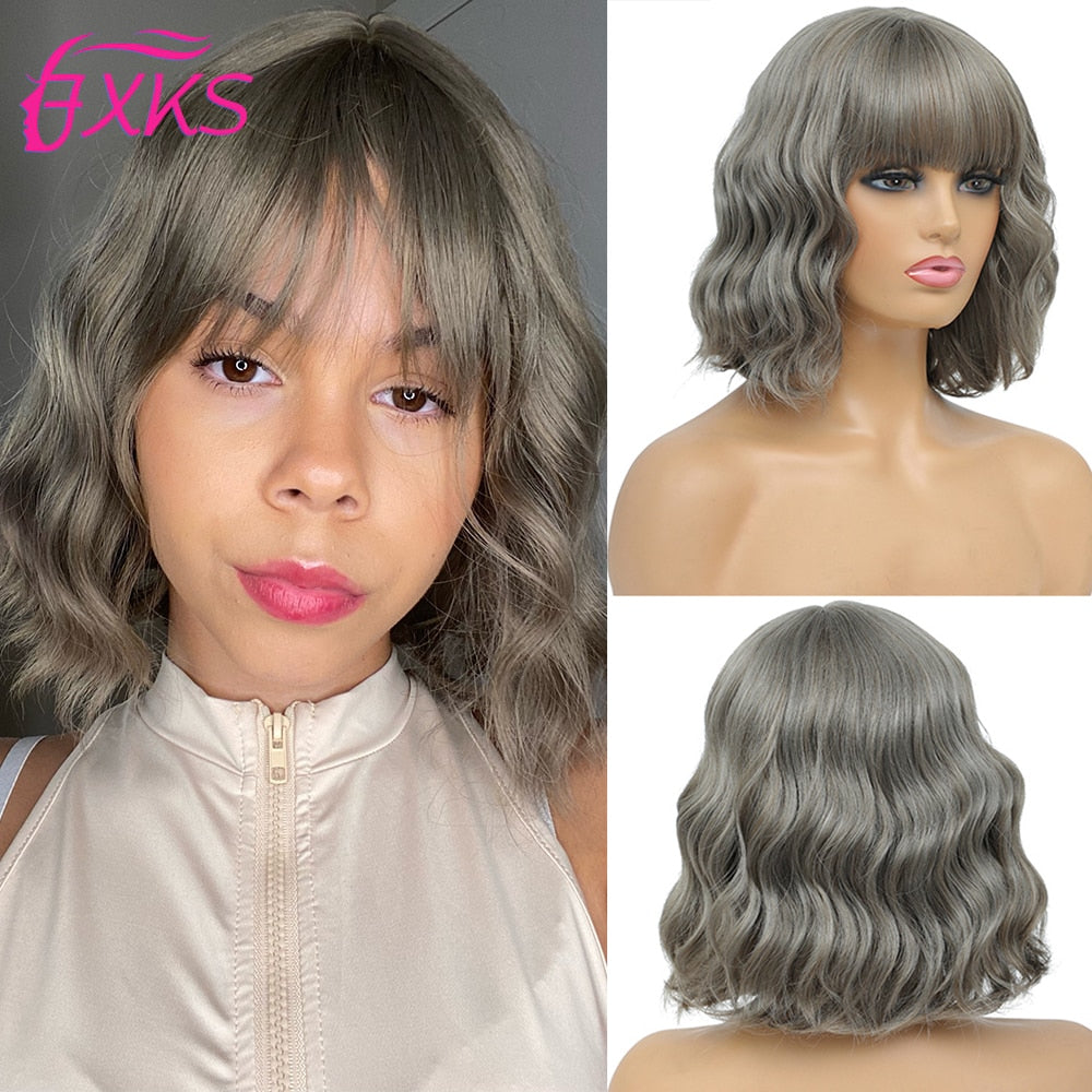 BXOXO Blonde Gold Short Wavy Synthetic Wigs With Bangs Brown Grey Silver Black Color Body Wave Hair Wigs 14Inch 200G For Women FXKS