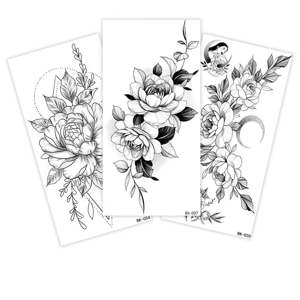 BXOXO 1/4pcs Black Flower Temporary Tattoos for Women Men Waterproof Realistic Floral Tattoo Stickers for Hand Arm Body Fake Tattoo