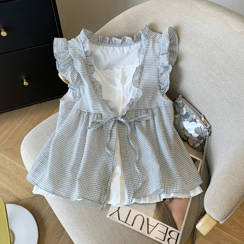 Bxoxo Blue Plaid irt-Like Two-Piece Women's Summer Thin Doll irt Beautiful Bow-Tie Fly Sve Sweet Sle Loose Fit Polyester F...