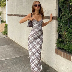 Bxoxo Vintage Plaid Print V Neck Midi Dress Women Summer Sexy Backless Spaghetti Straps Dress Y2K Club Party Slim All Match Vestidos