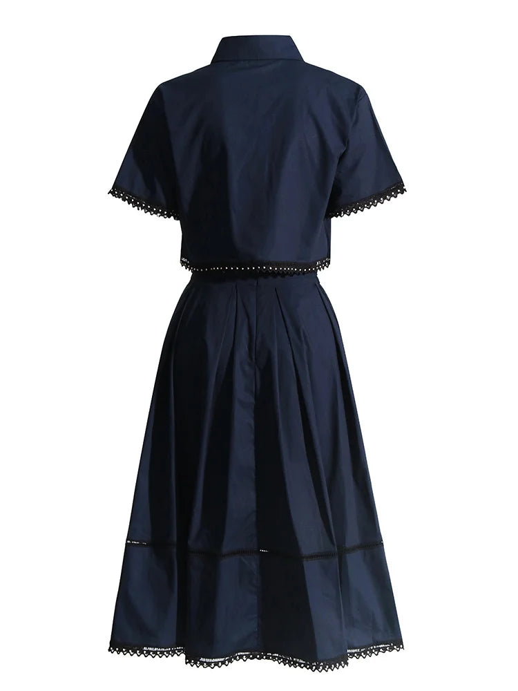 Bxoxo Elegant Two Piece Sets For Women Lapel Short Sleeve Tops High Waist A Line Pleated Skirts Solid Set Female Summer 2023