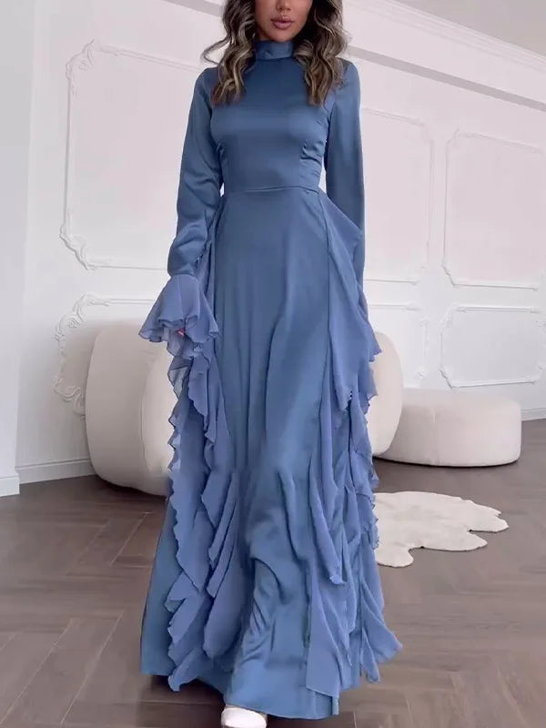 BXOXO Elegant Long Sleeved Ruffled Round Neck Maxi Dress For Women's Spring New 2025 Party Club Evening Dress Slim Vestidos