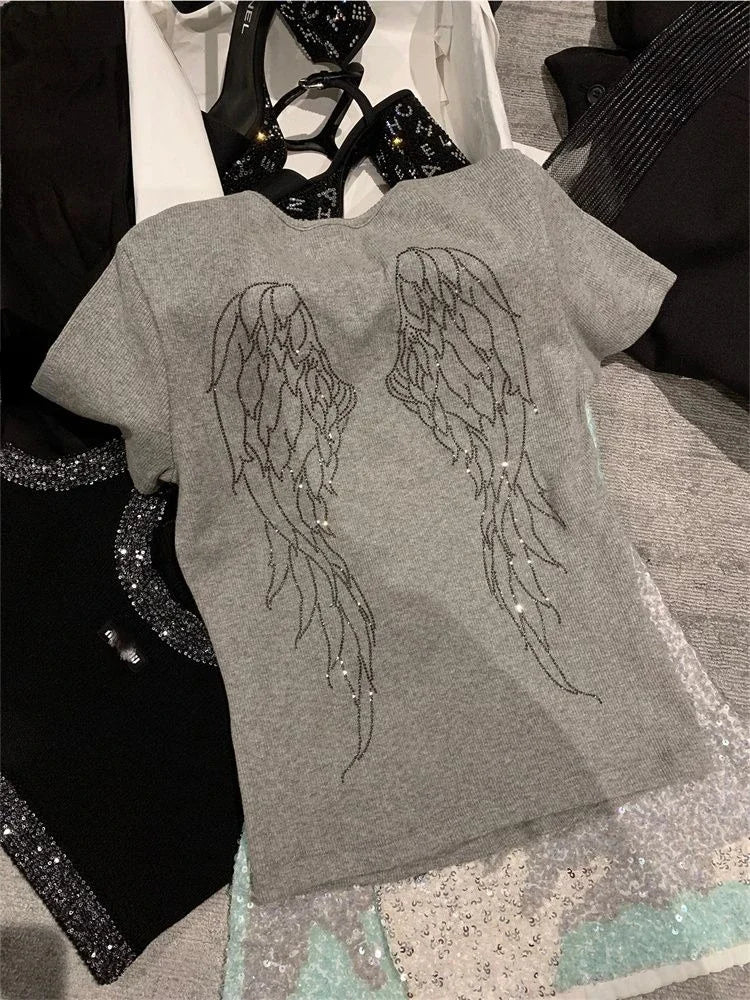 BXOXO Angel Wings Diamond O-neck White T-shirts 2025 Summer New Slim Fit Tops Women Y2k E-Girl Short Sleeve All-match Tee Shirt