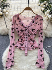 Bxoxo Butterfly Print Blouse Summer Long Sleeve V Neck Y2K 2024 Slim Vacation Ladies High Street Fashion Casual Shirt