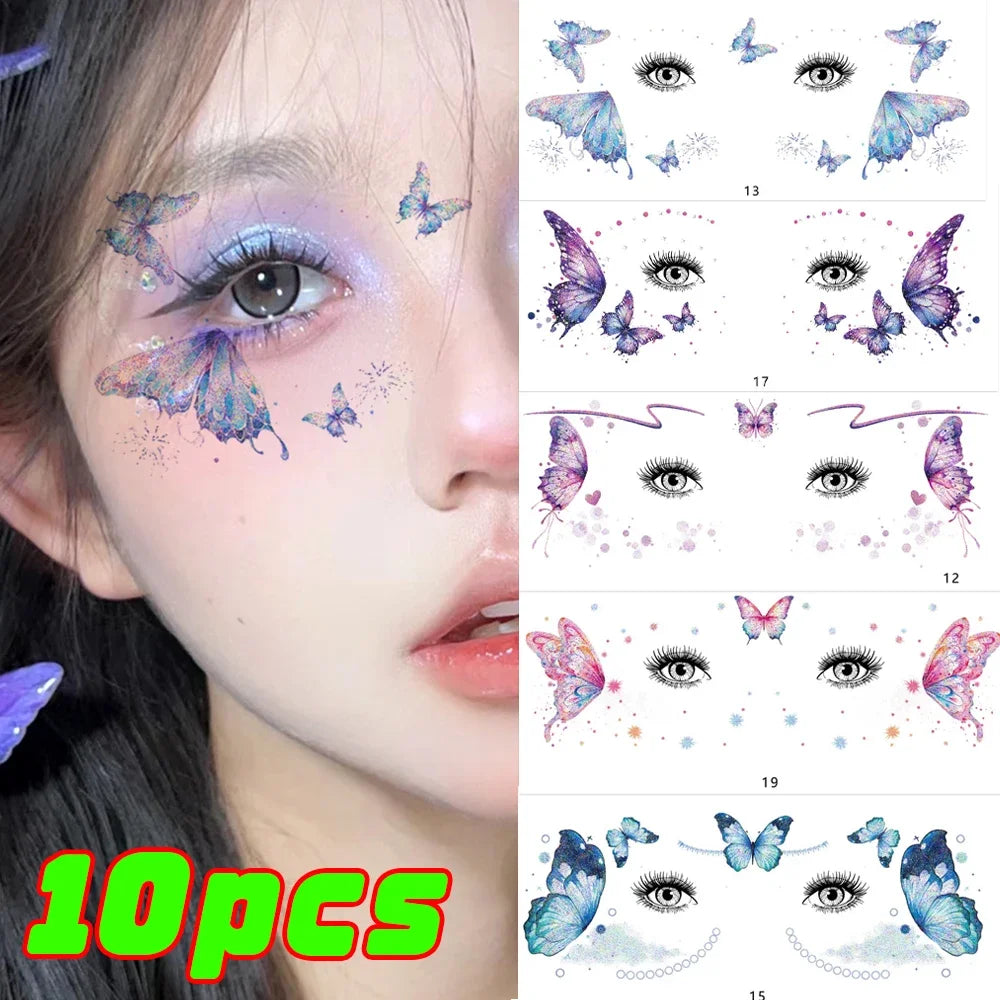 BXOXO 10pcs Shiny Butterfly Tattoo Sticker Eyes Face Body Makeup Waterproof Lasting Tattoos Stickers Music Festival Party DIY Decals