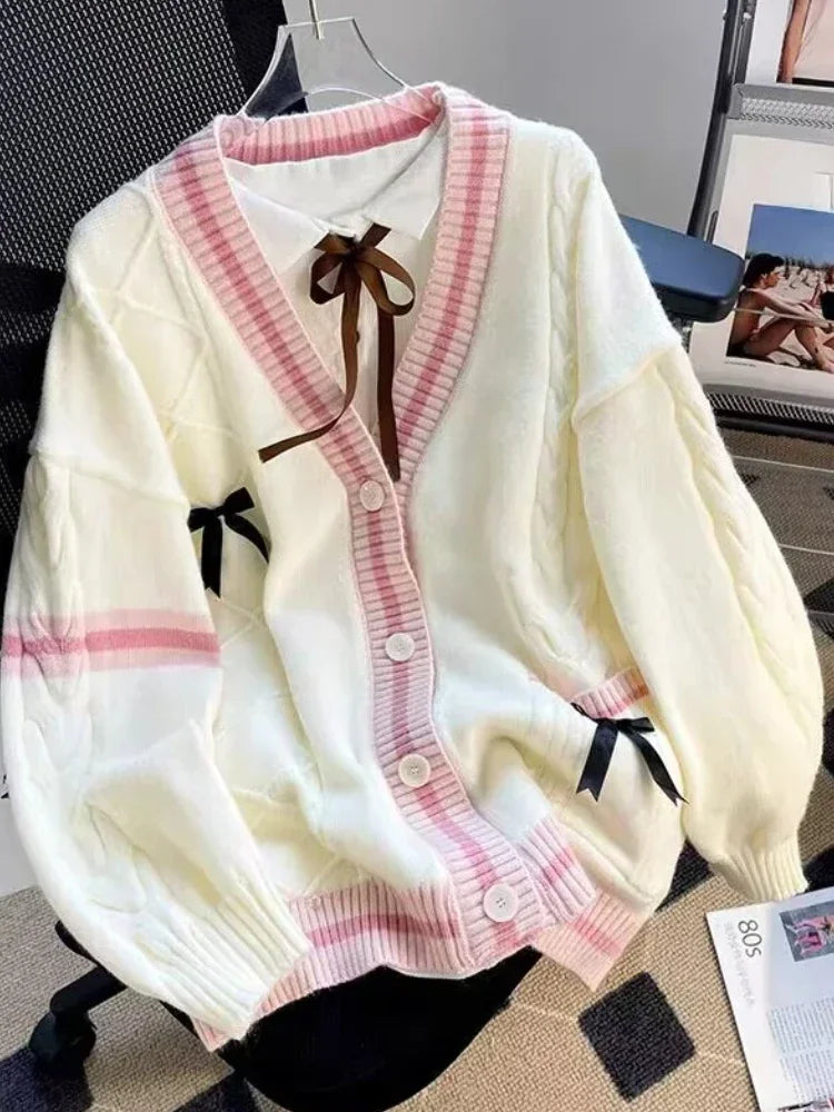 BXOXO Sweet Bow Knitted Cardigans Y2k Aesthetic All Match Contrast Color Coats Fashion Single Breasted Women Kawaii JK Sweaters Jumper