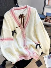 BXOXO Sweet Bow Knitted Cardigans Y2k Aesthetic All Match Contrast Color Coats Fashion Single Breasted Women Kawaii JK Sweaters Jumper