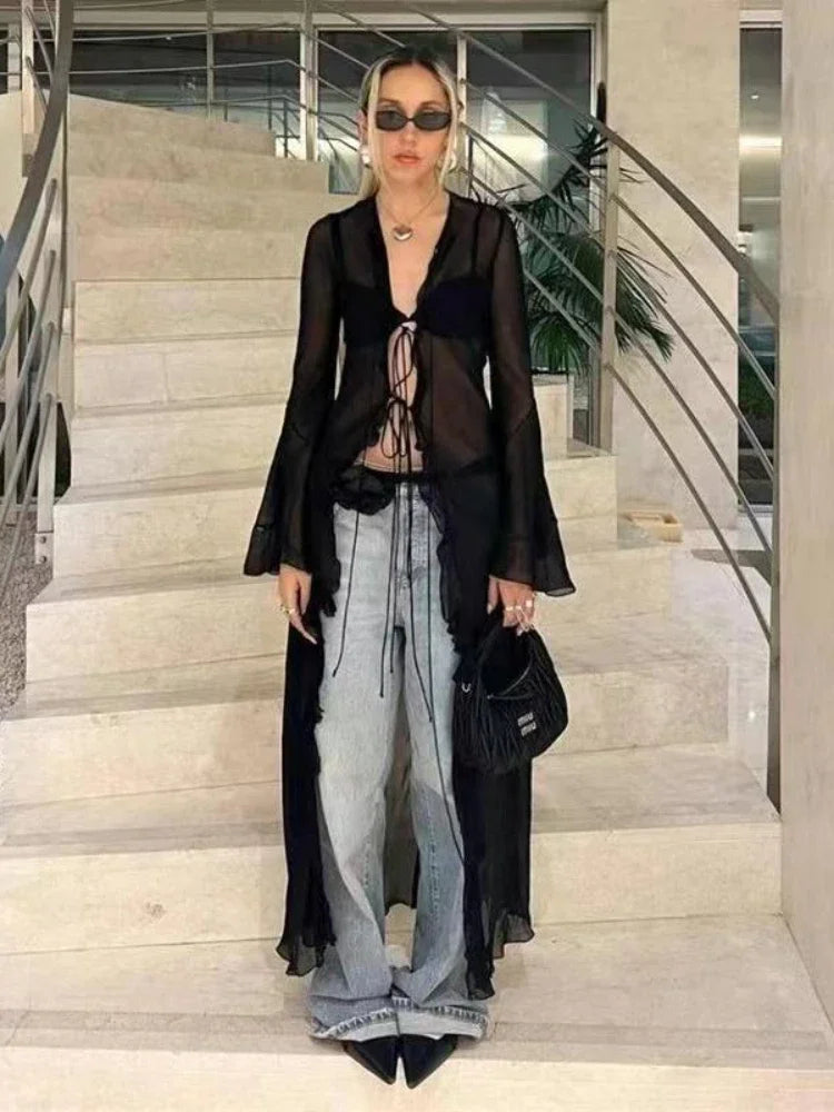 BXOXO Vintage Y2k Black See Through Long Cardigan Women Sexy Grunge V-neck Streetwear Tops Summer Chic Aesthetic Bandage Slim Blouse