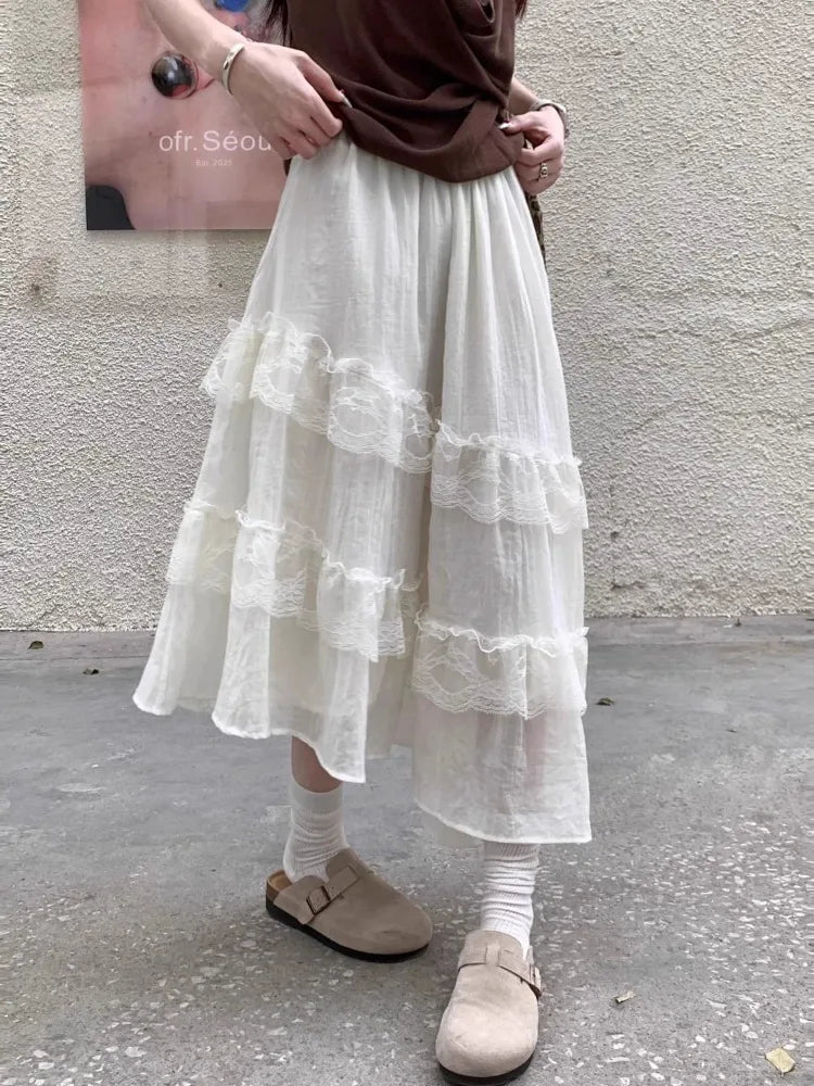 BXOXO Sweet Skirts Women Lace Patchwork Irregular Summer Fashion 2025 Solid Elegant Stretch High Waist Loose Long Skirt