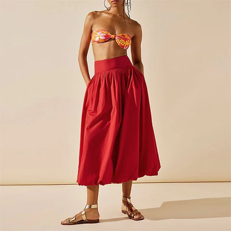 Bxoxo Skirts y2k Women Summer Elegant Solid Color High Waist Loose Fitting Long Bubble Skirt Office Ladies Skirts Streetwear