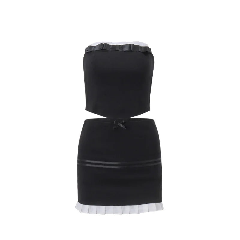 BXOXO Sexy Strapless Black Crop Top Skirt Women Two-Piece Set Summer Sleeveless Slim Corset Tank Patchwork Skirts Streetwear 2 Piece