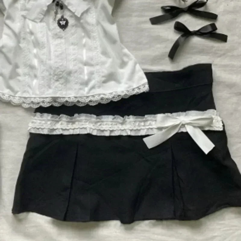 BXOXO Summer New Two Piece Sets Women Japanese Sweet Vintage Lace Slim Short Sleeve Tops + Y2k High Waist Bow Patchwork Skirts