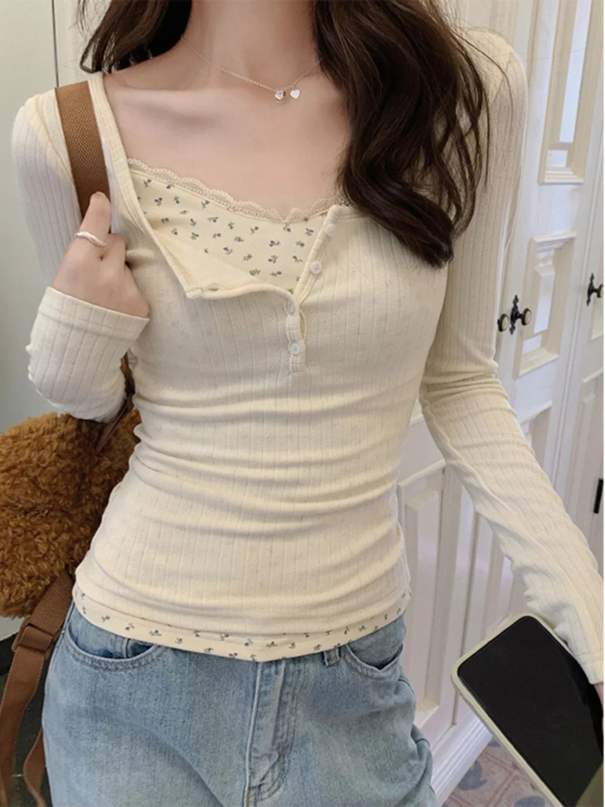 BXOXO FALL OUTFIT T-shirts Women Floral Fake Two Pieces Korean Fashionable Designed All-match Hotsweet Y2k Tops High Street Basic Clothes Fairy