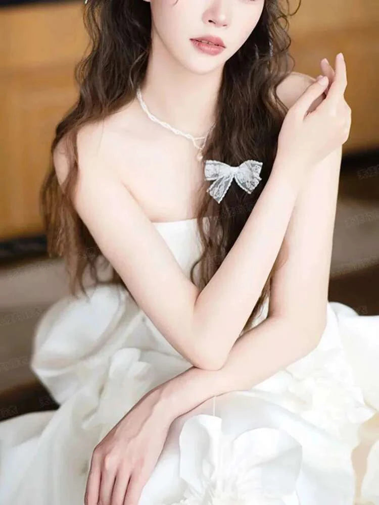 Bxoxo Elegant Dress For Women Satin Strapless 3D Flower Spliced Solid Color Asymmetrical Female Party Dresses 15DZ376