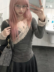 BXOXO Y2k Japanese T Shirt Women V Neck Patchwork Lace Tee Tops Streetwear Vintage Tops Korean Style Skinny Tshirts Autumn