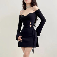 BXOXO Black Autumn Sexy Women's Dress Lace-up Long Sleeves Backless Off Shoulder Casual Dress Party Elegant Hollow Out A-LINE Dresses