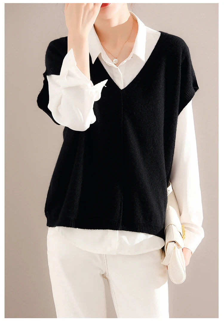 Bxoxo Cashmere Vest Ladies New 100%Pure Wool Knit Waistcoat Spring V-Neck Large Size Sweater Wild Sleeveless Vest Solid Loose Top