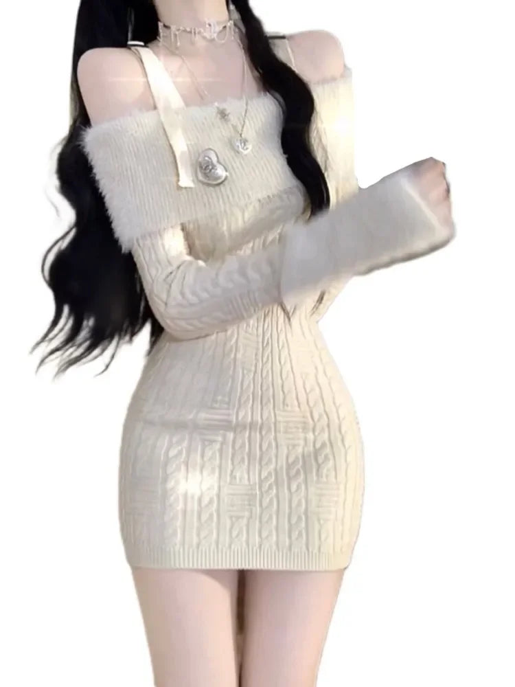 Bxoxo Sexy Spicy Girl One Shoulder Y2k Knitted Dress Autumn Winter Sweet Waist Long Sleeve Slim Wrapped Short Sweater Dresses