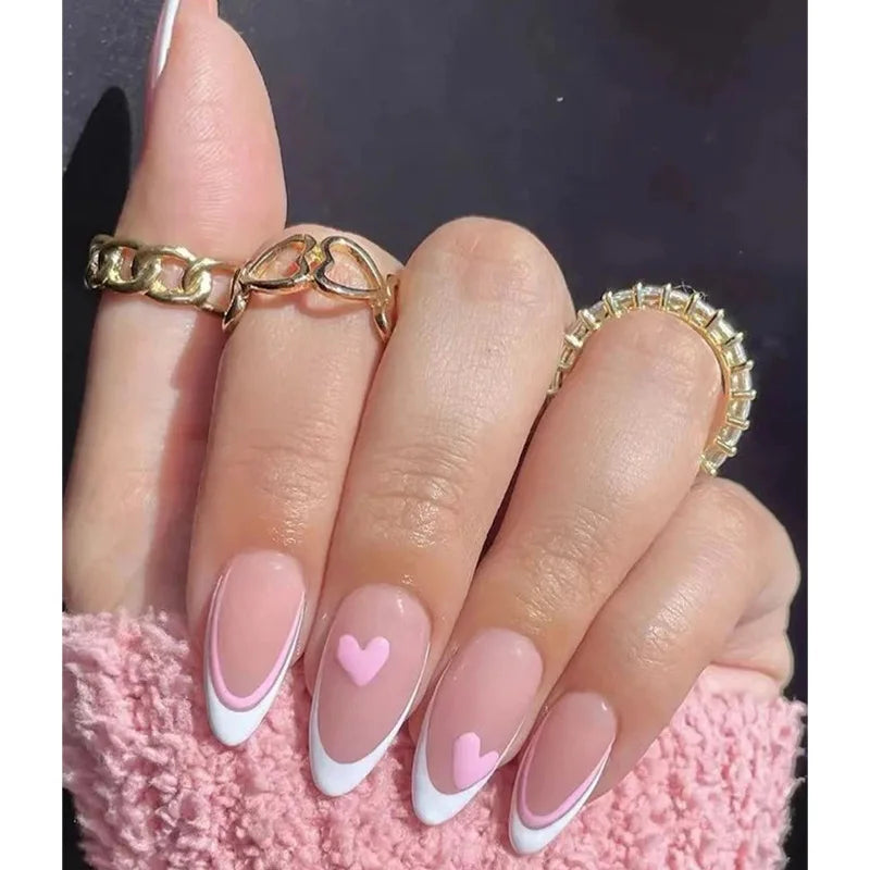 Bxoxo 24P French Oval False Nails Girls White Edge Design Nude Color Wearable Press on Nail Full Cover Short Acrylic Almond Fake Nails
