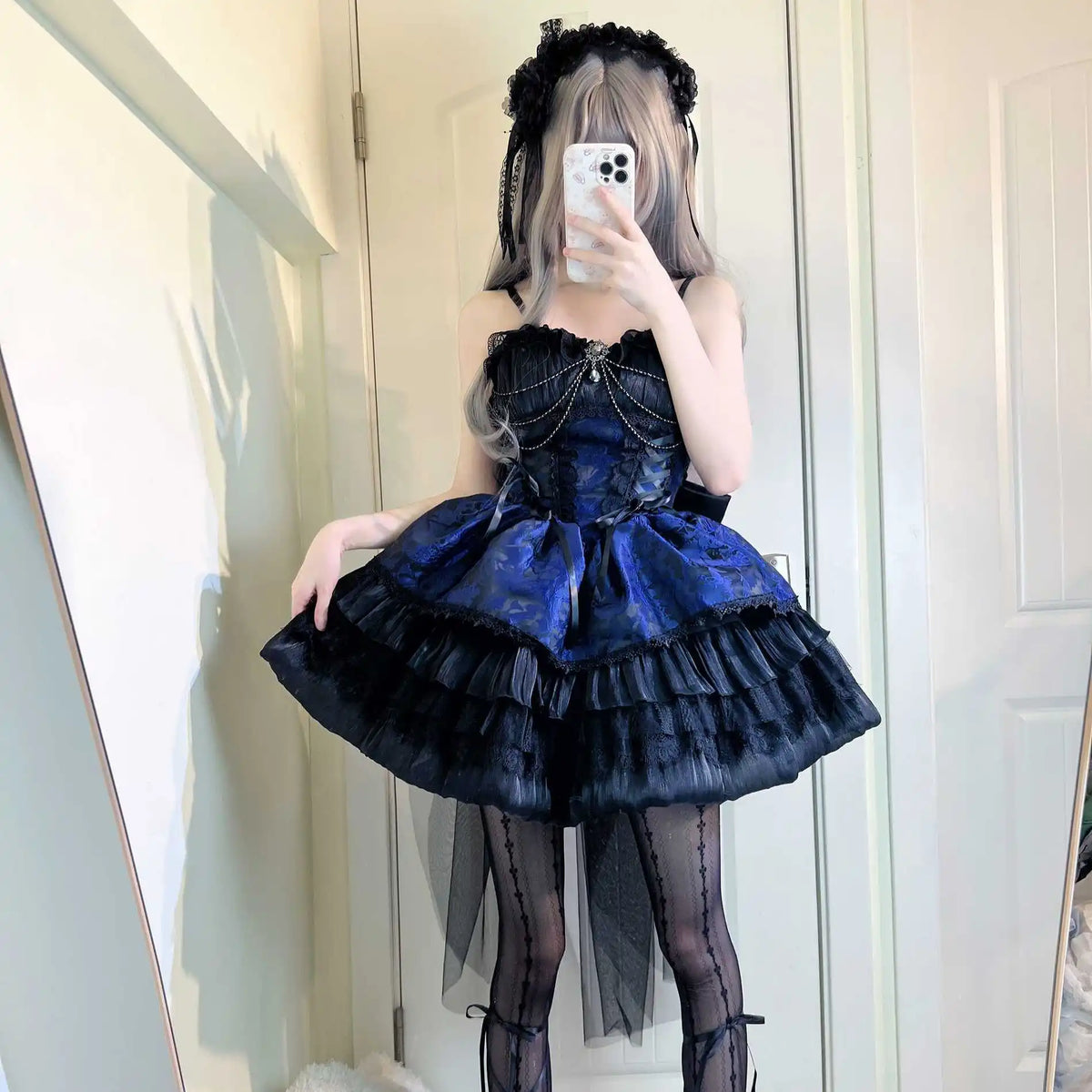 BXOXO Japanese Style Sweet Lolita JSK Princess Dress Gothic Lace Stitching Chain Bow Sleeveless High Waist Slim Mini Sling Dress Women