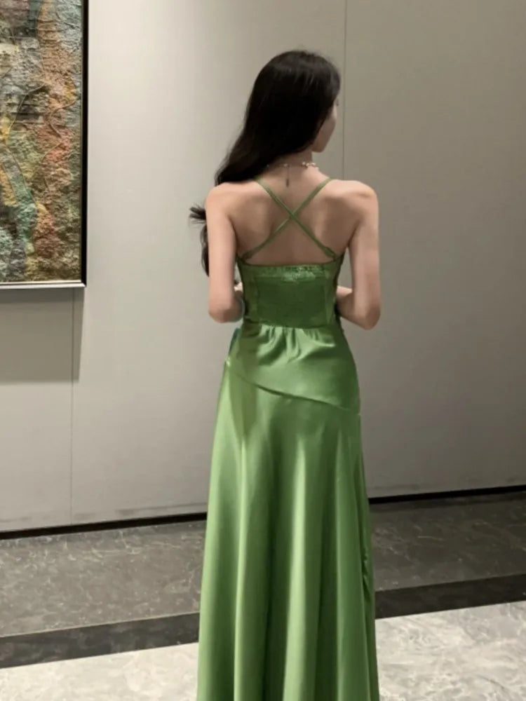 Bxoxo Women's Satin Green Evening Midi Dress Elegant Sleeveless Slit Party Holiday Dresses Slim A-line Wedding Guest Gown Vestidos New