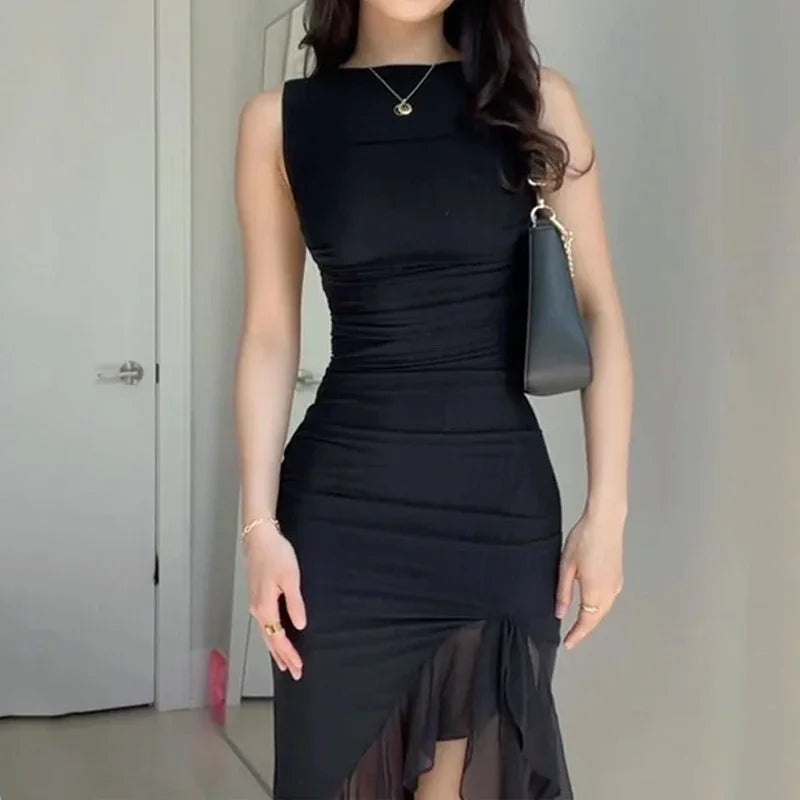 BXOXO Women Maxi Dress Summer Elegant Solid Sleeveless Nipped Waist Slim Backless Ruffled Irregular Party Dresses Streetwear