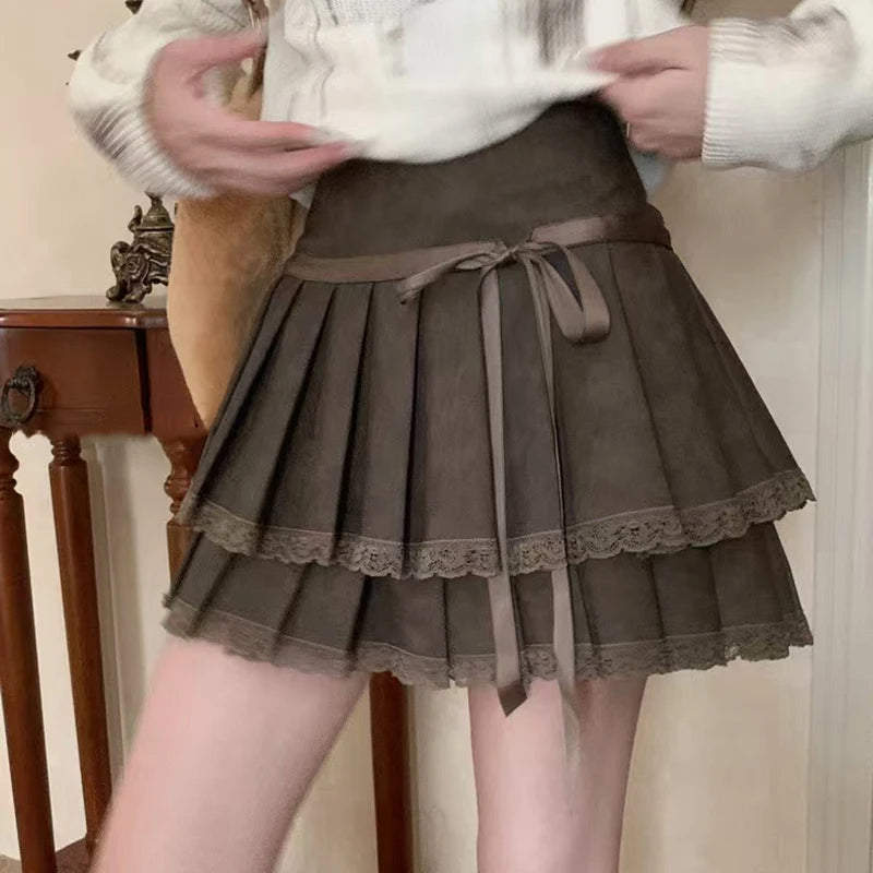 Bxoxo Fashion Bow Pu Pleated Skirt for Women Korean High Waist Splicing Mini Skirts Y2K Female Harajuku All-Match Chic A-Line Skirts