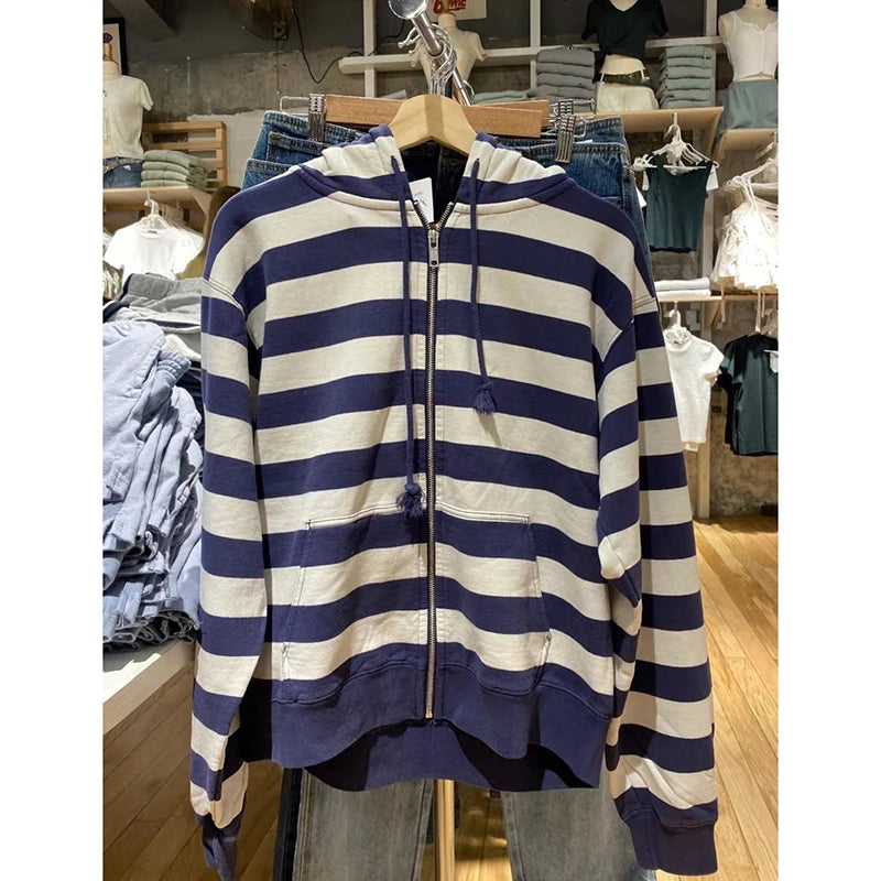 Bxoxo Striped Patchwork Zip-up Hoodie Autumn Cotton Pocket Drawstring Hooded Sweatshirt Women Y2k Streetwear Vintage Loose Tops Jacket