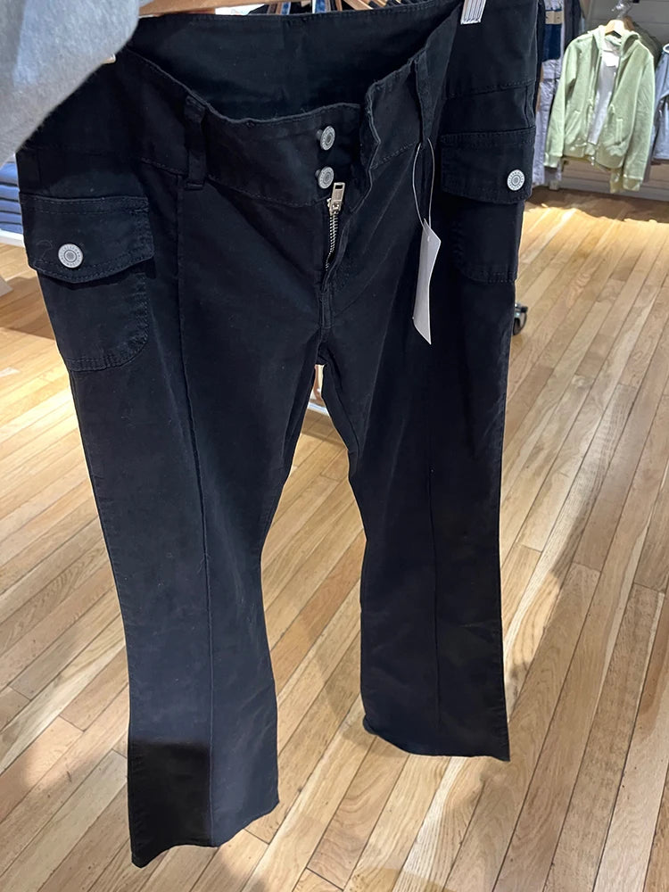 Bxoxo Vintage Solid Low Rise Flare Pants Autumn Casual Black Cotton Slim Pockets Jeans Women Y2k Streetwear Retro Denim Trousers Chic