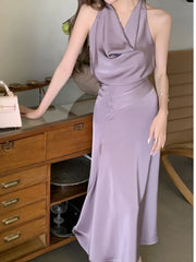 Bxoxo Women's Spring Summer Elegant Purple Party Long Dresses French Fashion Vintage Swing-Collar Lace-up Slim New Dress Prom Female
