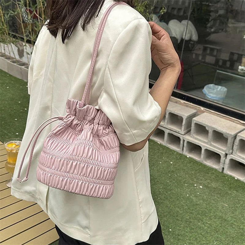 BXOXO Silver Black White Khkai Pink Pleated Women's Bucket Shaped Underarm Bag PU Leather Drawstring Handbags Sewing Y2K Soft Crossbod