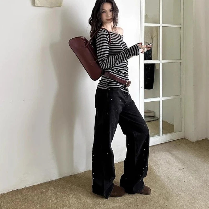 Bxoxo Vintage Striped Women T-Shirts Skew Collar Off Shoulder Long Sleeve American Retro Tees Slim Casual Streetwear Spring