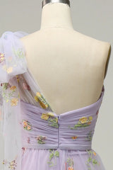 BXOXO Lavender A-Line Corset Prom Dress Embroidered Tulle Lace One Shoulder Sweetheart Wedding Party Dresses Formal Gown