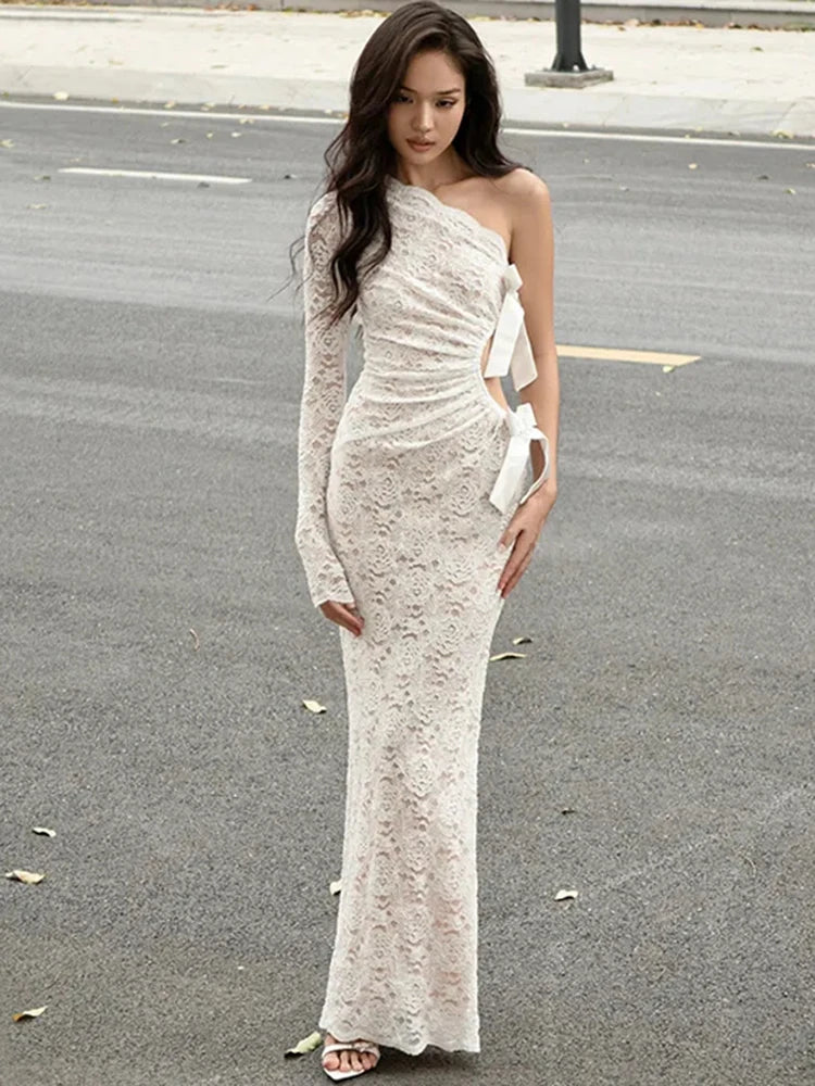 Bxoxo Sexy Slash Neck Lace Dress for Women Y2K Fashion Hollow Out Slim Midi Dress Femme Chic Tight Backless Party Night Vestidos Mujer