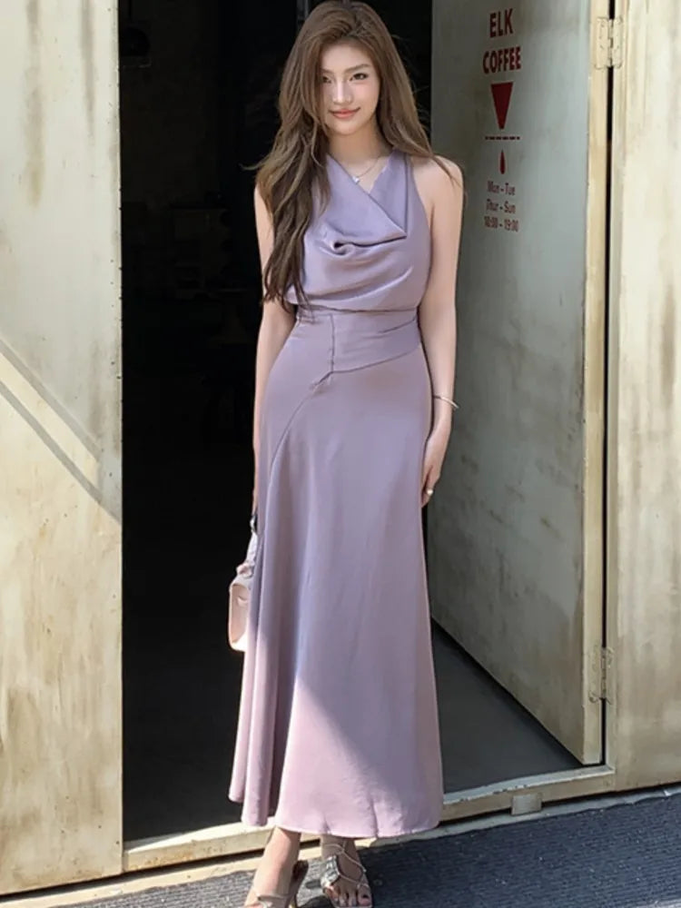 Bxoxo Women's Spring Summer Elegant Purple Party Long Dresses French Fashion Vintage Swing-Collar Lace-up Slim New Dress Prom Female