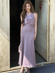 Bxoxo Women's Spring Summer Elegant Purple Party Long Dresses French Fashion Vintage Swing-Collar Lace-up Slim New Dress Prom Female