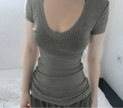 BXOXO Solid Slim-fitting Knitted Crop Top Micro-transparent T-shirt Smock Women Sexy Short Sleeve V-neck Tees Shirt Y2k Vintage