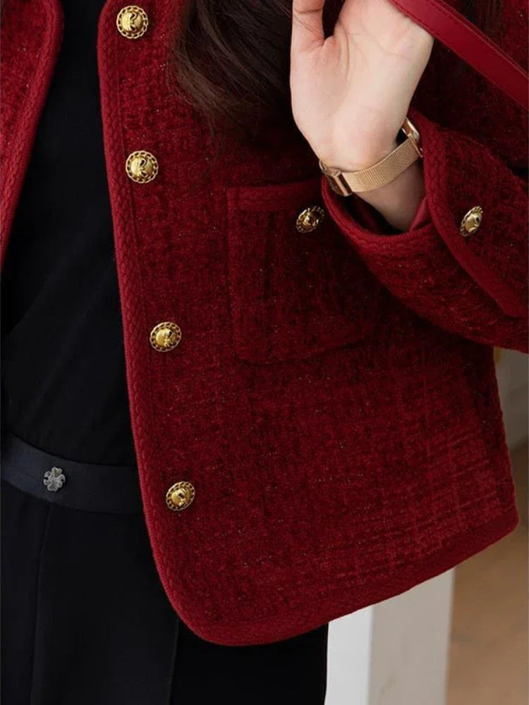 Bxoxo Wine Red Women's Jackets Autumn and Winter New  Metal Buckle Short Women Coat Korean Fashion Slim Elegant Tweed Jackets