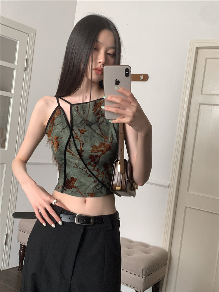 Bxoxo Flocking Floral Vintage Crop Cami Top For Women 2024 Sleeveless Flower Green Tops Designer Clothes Luxury