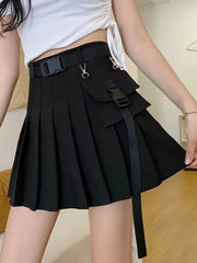 Bxoxo Harajuku Belt Pleated Cargo Skirt Women Fashion Gothic High Waist Pocket Mini Skirts Fashion Summer Lady A Line Black Skirt