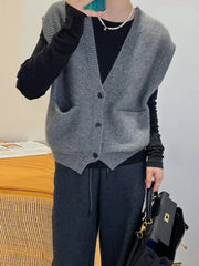 Bxoxo Knitted Cardigan Vest 2025 Autumn Lazy Style Women's Solid Sleeveless V-neck Single Breasted Pocket Sweater Female Knitwear Tank