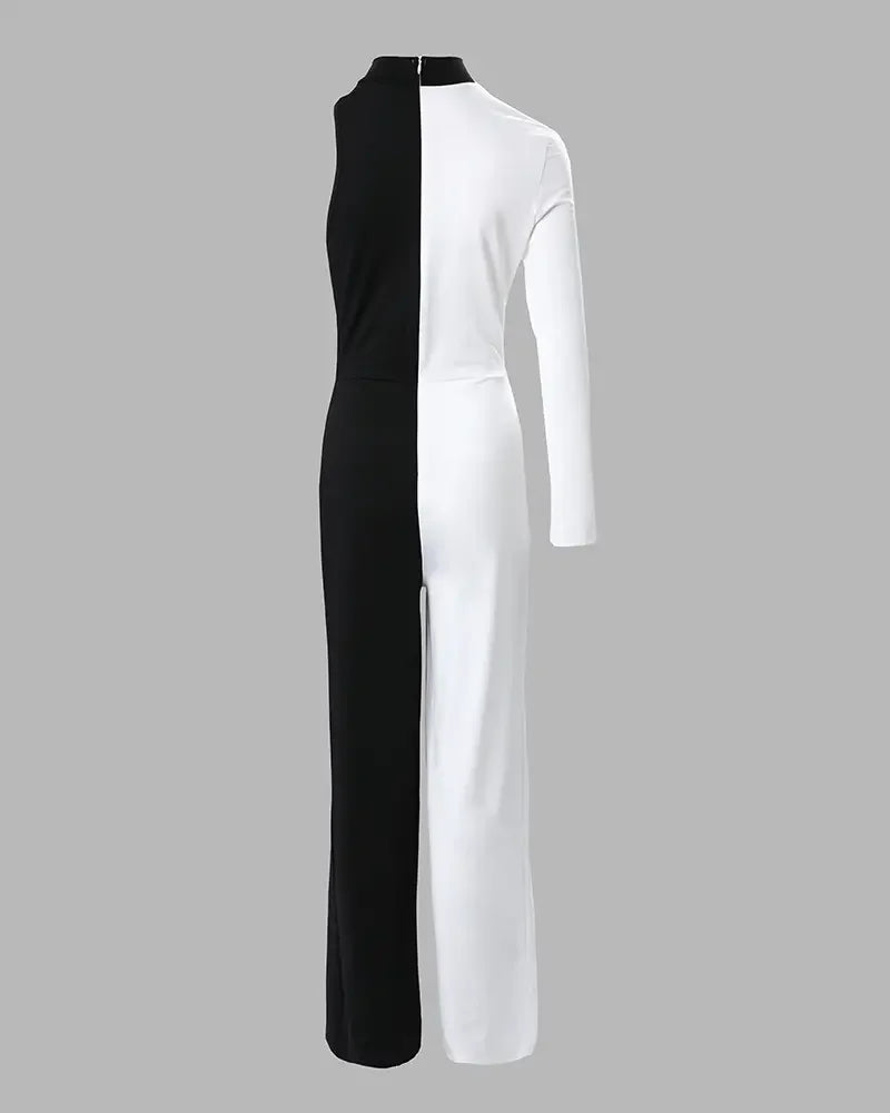 BXOXO Colorblock One Shoulder Long Sleeve Jumpsuit Sexy Skinny Jumpsuit Women Sexys Female One-pieces New Fashion Rompers