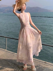 Bxoxo Women's French Floral Print Halther Dresses Summer Elegant V-Neck Slim Lace-up Midi Dress Sexy Beach Holiday 2025 New Fashion