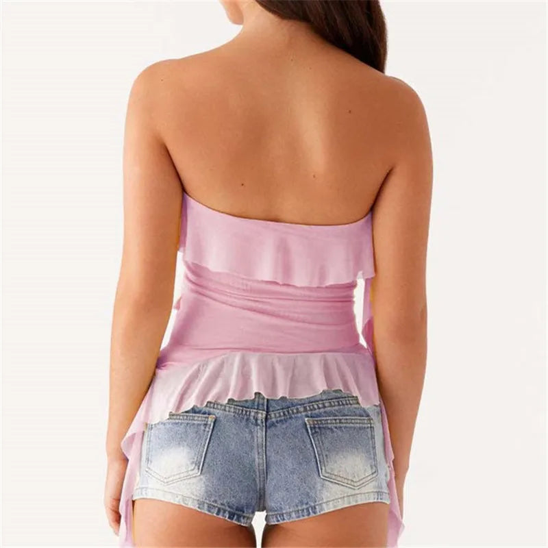 BXOXO Women Boho Strapless Ruffle Mesh Tube Top Solid Color Boat Neck Irregular Hem Slim Bandeau Top Sexy Cami Vest
