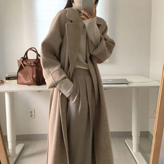 BXOXO Autumn Winter Woolen Coat Women Fashion with Belt Turn Down Collar Warm Overcoat Vintage Brown Long Woolen Jacket Woman