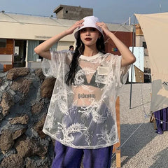 BXOXO Japanese O-neck Oversize Tee Shirt Summer Sexy See Through Mesh Lace T-shirt Y2k E-Girl Short Sleeve Bottoming Tops Women