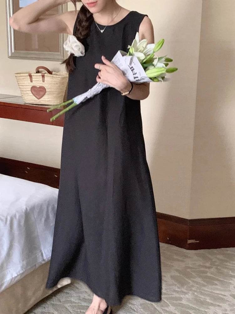Bxoxo Summer Chic Hollow out Bal Midi Dr round Ne Svel Dr Ele Korean Sle Loose Waist A-Line Skirt Dr