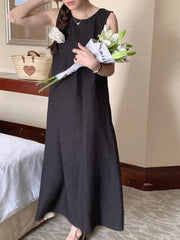 Bxoxo Summer Chic Hollow out Bal Midi Dr round Ne Svel Dr Ele Korean Sle Loose Waist A-Line Skirt Dr